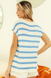 BiBi Striped Round Neck Short Sleeve Knit Top OutfitFlow